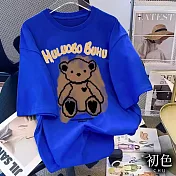 【初色】可愛卡通小熊印花圖案寬鬆中大尺碼圓領短袖T恤上衣女上衣-共10色-32849(M-2XL可選) M 藍色