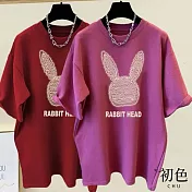 【初色】圓領磨毛兔子印花寬鬆五分短袖T恤上衣女上衣-共3色-32805(M-2XL可選) M 樹莓色