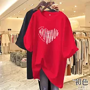 【初色】純色愛心印花大碼寬鬆休閒透氣圓領短袖中長款T恤女上衣-共10色-32848(M-2XL可選) XL 紅色