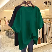 【初色】休閒純色寬鬆大碼透氣百搭圓領短袖T恤上衣-共10色-32894(M-2XL可選) XL 墨綠色