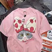 【初色】短袖貓咪圖案印花圓領寬鬆中長款T恤上衣女上衣-共2色-32857(M-2XL可選) XL 皮粉色