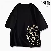 【初色】純棉百搭龍年卡通印花大碼寬鬆圓領短袖T恤上衣-共6色-32861(M-2XL可選) XL 黑色