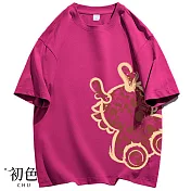 【初色】圓領寬鬆卡通小龍印花五分短袖中長款T恤上衣女上衣-共5色-32863(M-2XL可選) XL 玫紅色