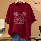 【初色】美式小熊印花圓領T恤短袖上衣-共8色-32868(M-2XL可選) XL 酒紅色