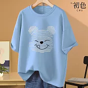 【初色】美式小熊印花圓領T恤短袖上衣-共8色-32868(M-2XL可選) M 淺藍色