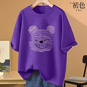 【初色】美式小熊印花圓領T恤短袖上衣-共8色-32868(M-2XL可選) M 深紫色