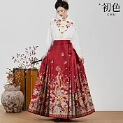 【初色】中華風高腰復古印花馬面裙半身裙長裙-共3色-32772(M-XL可選) L 紅色