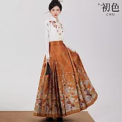 【初色】中華風高腰復古印花馬面裙半身裙長裙-共3色-32772(M-XL可選) M 橙色