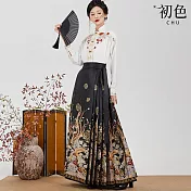 【初色】中華風高腰復古印花馬面裙半身裙長裙-共3色-32772(M-XL可選) L 黑色