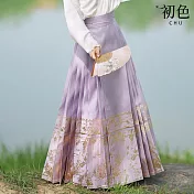【初色】中式素色長袖上衣/收腰綁帶百褶馬面裙長裙-共2款-32773(M-XL可選) M 紫色裙子