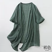 【初色】輕薄短袖棉麻風防曬開衫外套-共4色-32891(M-2XL可選) L 綠色