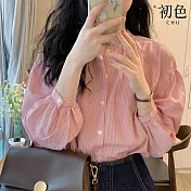 【初色】條紋長袖單排釦襯衫長袖上衣-粉色-32893(M-XL可選) L 粉色