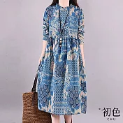 【初色】民族棉麻風圓領荷葉邊抽象圖騰印花長袖連衣裙連身洋裝長洋裝-藍色-32787(M-2XL可選) M 藍色