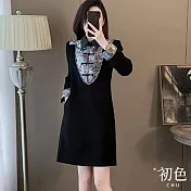 【初色】新中式翻領長袖連衣裙短黑裙連身洋裝-黑色 -32810(M-2XL可選) M 黑色