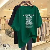 【初色】休閒寬鬆透氣大碼卡通印花圓領短袖T恤女上衣-(多款可選) XL A.墨綠色