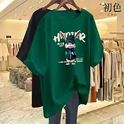 【初色】休閒寬鬆透氣大碼卡通印花圓領短袖T恤女上衣-(多款可選) XL D.墨綠色