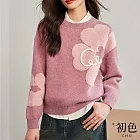 【初色】寬鬆顯瘦休閒花朵印花長袖針織衫毛衣上衣女上衣-粉紅色-32681(F可選) F 粉紅色