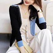 【MsMore】 時尚設計感V領明線撞色拼接針織開衫長袖修身短版上衣# 120822 FREE 藍色