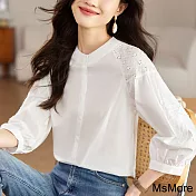 【MsMore】 白色刺繡襯衫拼接七分袖寬鬆短版上衣# 120850 M 白色