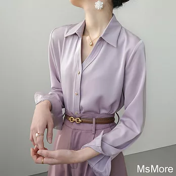 【MsMore】 長袖春日襯衫法式絲質短版上衣# 120856 M 紫色