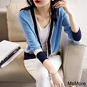 【MsMore】 歐貨時尚大碼薄款針織衫開衫外套撞色披肩短款防曬上衣# 120892 FREE 藍色
