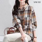 【AMIEE】韓版磨毛格子寬鬆長袖襯衫(KDTY-2118) M 卡其
