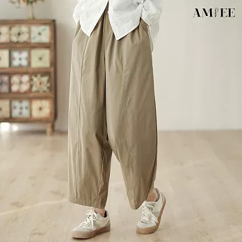 【AMIEE】日系寬鬆純色闊腿褲長褲(KDPY-9039) M 卡其