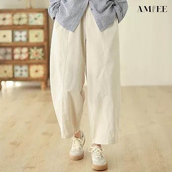【AMIEE】日系寬鬆純色闊腿褲長褲(KDPY-9039) M 杏色