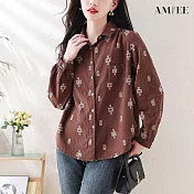 【AMIEE】十字印花復古寬鬆休閒長袖襯衫(KDTY-6686) XL 咖色