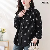 【AMIEE】十字印花復古寬鬆休閒長袖襯衫(KDTY-6686) XL 黑色