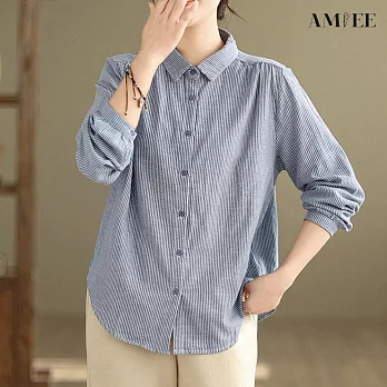 【AMIEE】雙層面紗條紋復古長袖襯衫(KDTY-8501) M 藍色