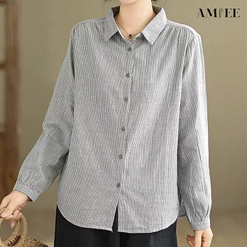 【AMIEE】雙層面紗條紋復古長袖襯衫(KDTY-8501) M 灰色