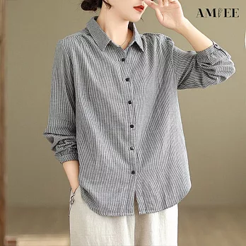 【AMIEE】雙層面紗條紋復古長袖襯衫(KDTY-8501) M 黑色