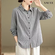 【AMIEE】雙層面紗條紋復古長袖襯衫(KDTY-8501) XL 黑色