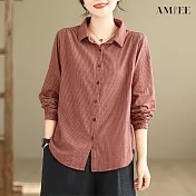 【AMIEE】雙層面紗條紋復古長袖襯衫(KDTY-8501) M 紅色