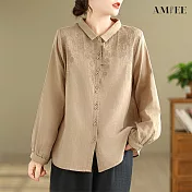 【AMIEE】雙層棉紗刺繡復古寬鬆長袖襯衫(KDTY-8399) L 卡其