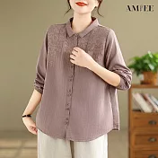【AMIEE】雙層棉紗刺繡復古寬鬆長袖襯衫(KDTY-8399) L 紫色