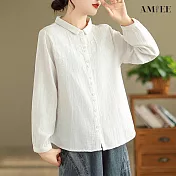 【AMIEE】雙層棉紗刺繡復古寬鬆長袖襯衫(KDTY-8399) L 米白