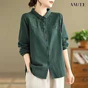 【AMIEE】雙層棉紗刺繡復古寬鬆長袖襯衫(KDTY-8399) L 墨綠