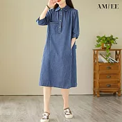 【AMIEE】韓版百搭舒適牛仔五分袖洋裝(KDDY-1965) L 藍色