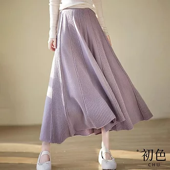 【初色】鬆緊腰純色層次壓條針織半身裙長裙-紫色-32906(F可選) F 紫色