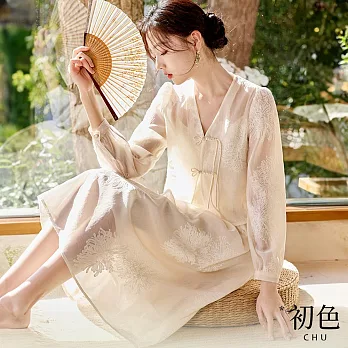 【初色】中華風提花無袖吊帶連衣裙連身洋裝長洋裝+短版外套套裝-米色-32970(M-2XL可選) M 米色