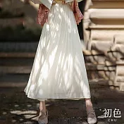 【初色】鬆緊腰高腰純色A字雪紡裙紗裙半身裙長裙-米白色-32913(M-XL可選) XL 米白色