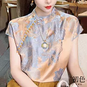 【初色】復古中國風山茶花印花短袖寬鬆襯衫上衣-香檳色-32931(M-2XL可選) M 香檳色