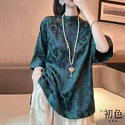 【初色】復古中國風碎花印花寬鬆顯瘦蝙蝠袖上衣-墨綠色-32932(M-2XL可選) M 墨綠色