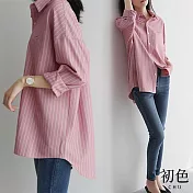 【初色】翻領條紋寬鬆顯瘦單排扣襯衫長袖上衣-共2色-32936(M-2XL可選) 2XL 粉色
