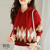 【初色】短款菱格紋拚色連帽長袖毛衣針織衫上衣女上衣-紅色-32920(F可選) F 紅色