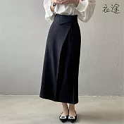 [衣途]高腰皺褶不規則翻邊長裙S-L(KDSY-B910) M 黑色