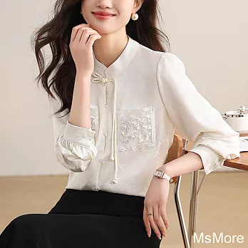 【MsMore】 中式國風襯衫長袖半高領盤扣馬面裙短版上衣# 121000 M 白色