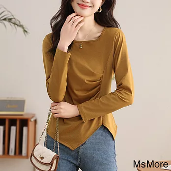 【MsMore】 復古方領褶皺收腰顯瘦上衣新款不對稱設計T恤短版# 121009 M 黃色
